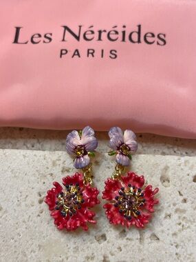 Les Néréides Red Flower Drop Earrings Pink Purple Enamel Statement Floral